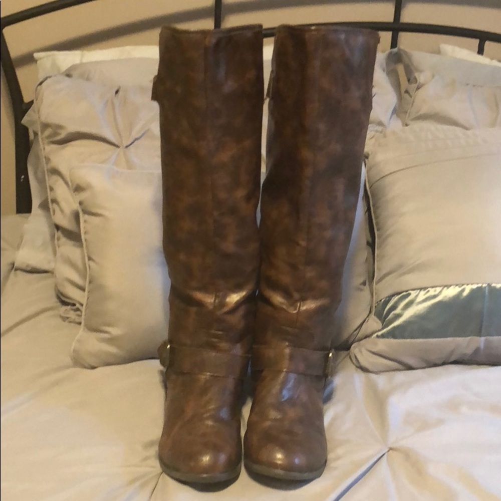 Brown Riding Boots with red accented zipper